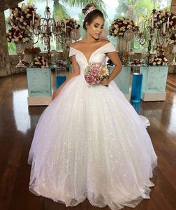 Luxury Princess Sequins Wedding Dresses 2020 Off Shoulder Shiny Ball Gown Bridal Gown Lace Up Long Vestido de Noiva Robe De Mariee