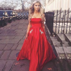 Red Prom Dress Strapless Neck Evening Gown With Pockets Bead Party Dres Sleeveless A line Formal Dress Satin New