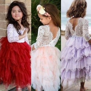 Vestidos Tutu Rendas Meninas Meninas Vestido Floral Flor Meninas Vestidos Princesa Manga Longa Crianças Vestido de Festa Boutique Roupas Infantis