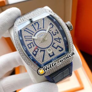 New Vanguard V45 Automatic Mens Watch All Diamond Case Blue Inner Diamond Dial 3D Number Markers Bue Leather Rubber Watches Hello_watch E178