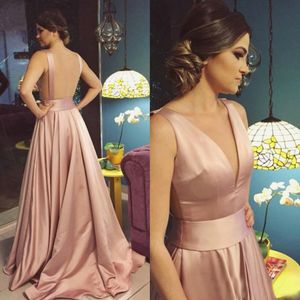 BeryLove Pink Champagne Flowing Soft Satin Evening Dress V neck Tight Waist Open Back Formal Party Gown TrainRobe de soiree