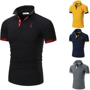 Herren-Polohemd, Herren-Hemd, kurzärmelig, Turndown-Farbe, lässig, schlank, einfarbig, Hirsch-Stickerei-Stil
