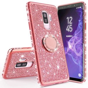 جراب إصبع مغناطيسي لامع لامع لهاتف Samsung Galaxy S10 S10e S8 S9 Plus A5 A7 2018 A6 A8 Note 8 9 10 Bling 360 Ring الغطاء الخلفي