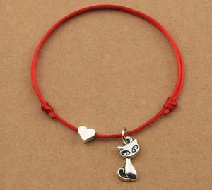 20 pz/lotto Corda Rossa Corda Fatta a Mano Braccialetti con Ciondoli Amante dei Gatti Gioielli Regali Simpatici Animali Braccialetti a Cuore Amore Gatto per Donne Uomini Ragazze Gatti Accessori