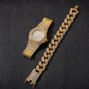 Hiphop Jewelrys Set 3PCS,watches+necklace+bracelet,diamante watches 20mm overgild hand chain cuban neckalce,cheap hiphop Set wholesale