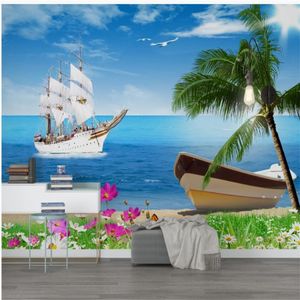 3d stereoscopic wallpaper Beach coconut tree balcony wallpapers scenery TV background wall decorative painting mural