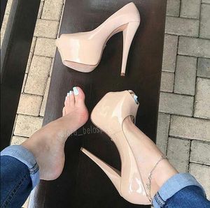 Nude Patent Leather Ultra High Heel Shoes 16cm Woman Wedding Shoes Platform Stiletto Heels Open Toe Pumps Women Plus Size