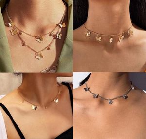 Two layers Necklace Choker Butterfly Star Bead pendant gold silver colors plated alloy chain women Fashion jewelry Epacket free