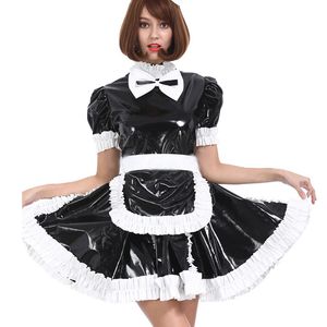 12 färger glansig pvc fransk maid kortärmad klänning damer söt lolita mini dress servitris cosplay enhetlig halloween kostym