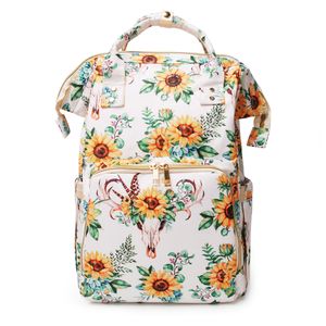 New-Sunflower Diaper Bag Bullskull Flowers Diaper Backpack Waterproof Canvas Diaper Mummy Bag Leopard Serape, Cow Hide, Aztec