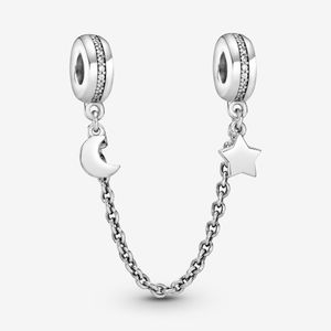 100% 925 Sterling Silver Half Moon and Star Safety Chain Charms Fit Original European Charm Bracelet Fashion Women Wedding Engagement Jewelry Accessories