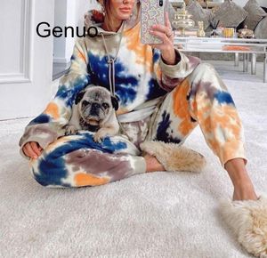 Women Jogging Suit 2 Pieces Tracksuit Tie-dye Printed Sweatsuit Casual Long Sleeve Hoodie And Sweat Pants Two Piece Set Outfit T200810