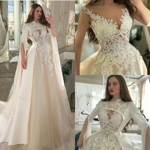 Elegant En Linje Bröllopsklänningar Med Beading Wraps High Collar Pearls Birdal Gowns Lace Appliques Wedding Robes