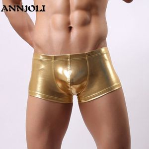 Annjoli Japanned Men Sexy Ring Boxer Shorts Faux Leather Men Mold Leather Trunks Fashion Male Silver Underwear265T