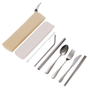 Creative Portable Reusable Flatware Stainless Steel Straw Cleaning Brushs Spoon Fork Chopsticks 7pcs Sets With Boxes Kitchen Tools