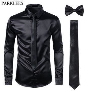 Black Mens Silk Sukienka Koszule 3 sztuk (koszula + krawat + bowtie) Gładka satynowa koszula Mężczyźni Slim Fit Party Prom Casual Shirts Men Social Camisa 200925