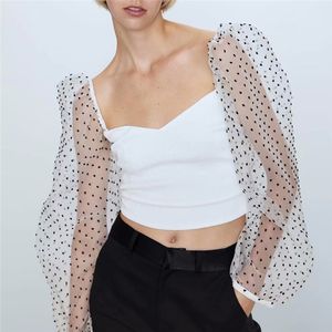 Camicetta corta elastica da donna con colletto quadrato in maglia trasparente con maniche in patchwork bianco sexy da donna