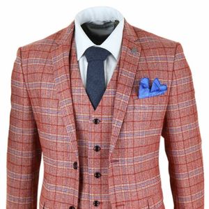 Burgundia Męskie Garnitury 3 Sztuka Tweed Check Garnitur Herringbone Vintage Smart Wine Red Peaky Blinders Terno Masculino Bardegroom Garnitury