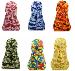 Ny Miltary Camouflage Silky Durag Hot New Colorful Premium 360 Waves Long Tail Silky Durags Hiphop Caps för män och kvinnor Hög kvalitet