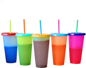 In Stock 24oz Color Changing plastic tumbler discolored sippy cup water mug candy colors drinking cup with straw
