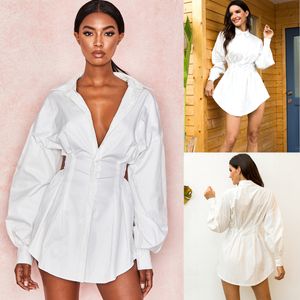 Women's Long-sleeved Solid Color Lapel Shirt Mini Dress Casual Loose Blouse Loose Fit Waist Sexy Shirt Dress