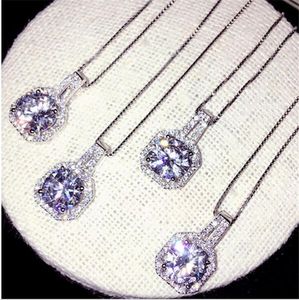 Varumärkes smycken runda simulerade diamantsten fyrkantiga hängen silver chocker kedja halsband för kvinnor gratis frakt