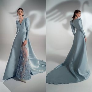 Papilio Light Sky Blue Party Dresses Ruched Satin Beadsアップリケ手作りの花のイブニングドレスゴージャスなカスタムメイドの熱い販売パーティーガウン