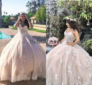 Champagne Quinceanera Puffy Sexy Sweetheart Lace Appliques Ball Gown Sweet Brithday Party Dresses Elegant Formal Prom Dress