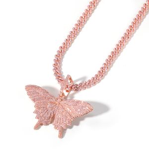 Ciondolo da uomo con grande farfalla rosa ghiacciata Collana con zirconi cubici Ciondolo per gioielli hip-hop Regalo da donna con catena da tennis o cubana