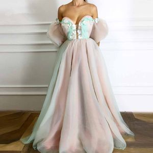 Fairy Formal Aftonklänningar A-Line Sweetheart Organza Blommor Elegant Dubai Kaftan Arabic Long Evening Gown Prom Dress