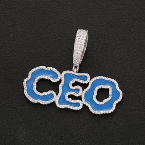 Solid Back Custom Name Blue Oil Letters Pendant Necklaces For Men Women Bling Cubic Zircon HipHop Jewelry