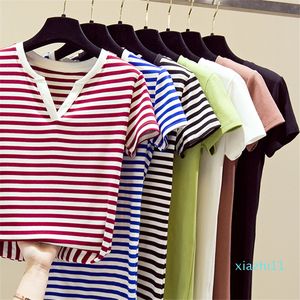 뜨거운 판매 2020 여름 여성 T 셔츠 스트라이프 소프트의 캐주얼 여성 티 탄성 Ladie 셔츠 V 넥면 티셔츠 빨강 파랑 녹색 S-2XL 탑