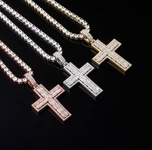 Mrożone CZ Bling Baguette Style Cross Wisiorek Naszyjnik Męskie Micro Pave Cubic Cyrkon Złoto Srebrny Rose Gold Naszyjnik