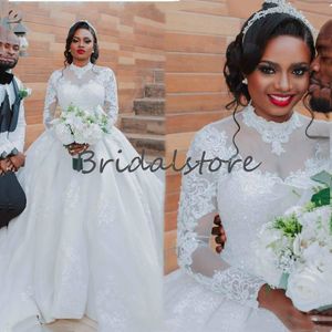 Aso Ebi Muslim Ball Gown Wedding Dresses Ivory High Neck Long Sleeve Lace Country Style Puffy African Wedding Dress 2020 vestidos de novia