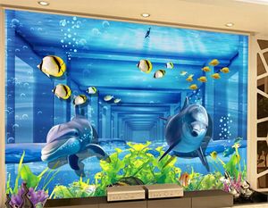 beautiful scenery wallpapers 3D three-dimensional space underwater world dolphin wallpapers living room background wall decorative painting