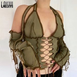 LAISIYI Backless Halter A Coste Cravatta Anteriore Top Donna Manica Lunga Scava Fuori Lace Up T Camicette Patchwork Sexy Hot Aderente Crop Top
