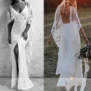 2021 Unique Ivory Country Lace Wedding Dresses Sexy Backless Bat sleeve Deep V Neck Bridal Gowns Boho Beach Wedding Dress Vestidos de Novia