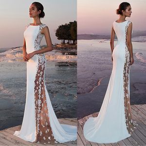 Fantastyczny Stretch Satin Bateau Dekolt Oglądanie Cutout Side Mermaid Suknia ślubna z koralikami Koronki Aplikacje Illusion Sukienka ślubna