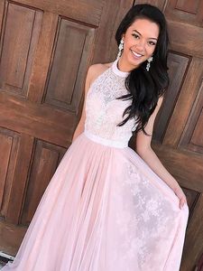 New Pink Lace Evening Gown vestidos de gala A-Line Chiffon Halter Neck Prom Dresses Long Backless Sexy Prom Dress