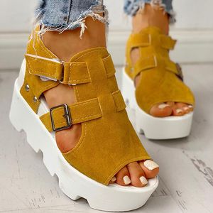 Frau Sandalen Damen Haken Schleife Sommer Plattform Schuhe Weibliche Flock Peep Toe Wedges High Heels Schuhe Für Frauen Casual Y200620