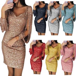 Klänning Kvinnor Plus Storlek 4XL Multi-Color Sexig V-Hals Solid Sequined Stitching Shining Club Cloth Long Sleeved Party Mini Dress