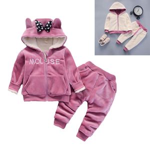 Mouse Girls Clothing Sets Winter Keep Warm Plus Velvet Thickening Bear Boy Clothing Set Hooded Zipper Jacket And Pants Kids Suit
