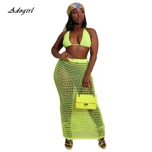 Adogirl Sexy Women See-through Two Piece Set Dress Bikini Cover Up Knit Rib Crop Top+Skirts Bottoms Beach Swimwear Club Outfit
