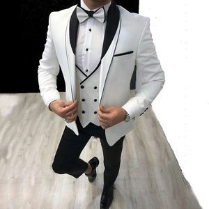 Popüler Tek Düğme Beyaz Damat Smokin Şal Yaka Groomsmen Erkek Takım Elbise Düğün / Balo / Akşam Yemeği Blazer (Ceket + Pantolon + Yelek + Kravat) K534