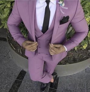 Męskie fioletowe garnitury z podwójną kamizelką 3 sztuki Slim Fit Formalny Szal Lapel Tuxedos Groommana na imprezę (Blazer + kamizelki + spodnie)