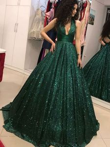 Zümrüt Yeşil Gelinlik Modelleri V-Yaka Glitter Pullu Balo Backless Parti Maxys Uzun Balo Elbise Abiye Robe De Soiree