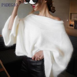 Off Shoulder Sweater Women Cashmere Sexy 2020 Winter Mohair Solid Color Ladies Horizontal Neck Loose fur Sweater cute Pullover