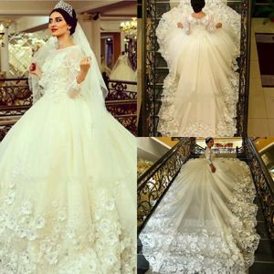 Amazing Dubai Arabic Ball Gown Wedding Dresses Long Chapel Train 3D Handmade Flowers Applique Beaded Bridal Gowns Long Sleeves Formal AL7137