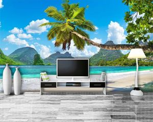 3d Seascape Wallpaper Bellissimo albero di cocco Pittura di paesaggio Soggiorno TV Sfondo Muro Decorativo 3d Carta da parati murale