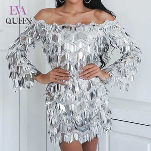 Evaqueen Off Pleack Sequin Party Dless Женщины сексуальное без спинка мини -летнее платье элегантное платье для шейки 2020 года.